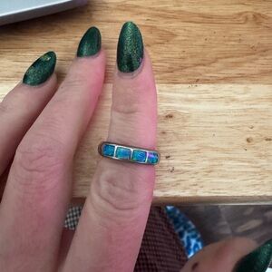 Vintage Sterling Silver Blue Opal Inlay Band Ring - Women Jewelry